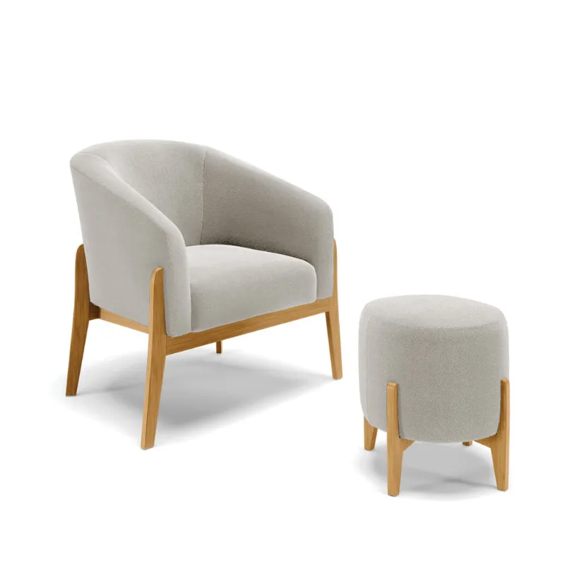 Poltrona e Puff Decorativo Base Madeira Stella Bouclê P01 - D'Rossi Cinza