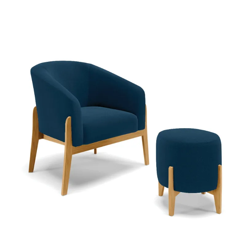 Poltrona e Puff Decorativo Base Madeira Stella Bouclê P01 - D'Rossi Azul