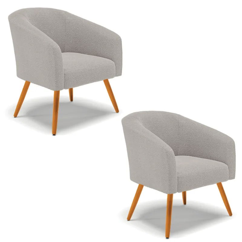 Poltrona Para Sala Pé Palito Castanho Kit 2 Stella Bouclê Cinza D03 - D'Rossi