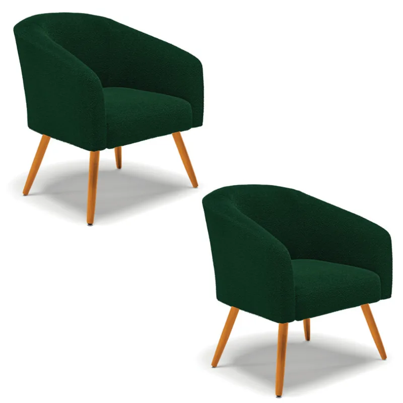Poltrona Para Sala Pé Palito Castanho Kit 2 Stella Bouclê Verde D03 - D'Rossi