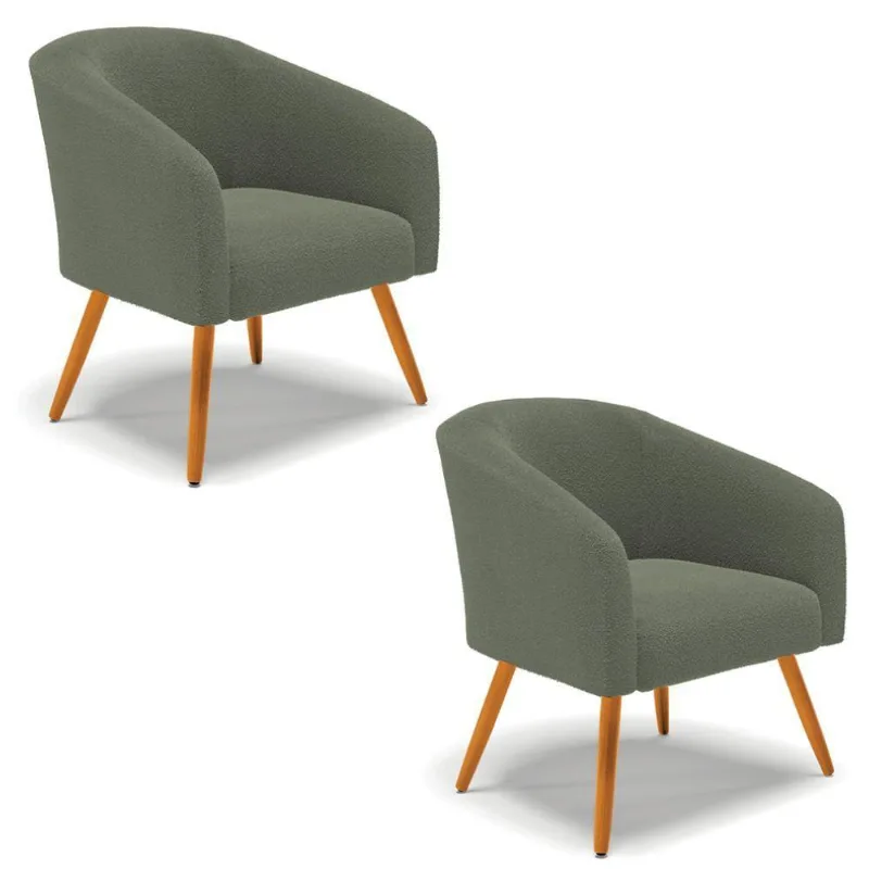 Poltrona Para Sala Pé Palito Castanho Kit 2 Stella Bouclê D03 Verde Pistache