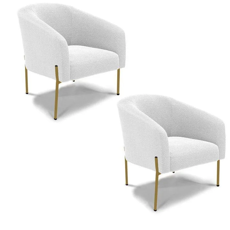 Poltrona Decorativa Pé Ferro Dourado Kit 2 Stella Bouclê Off White D03 - D'rossi