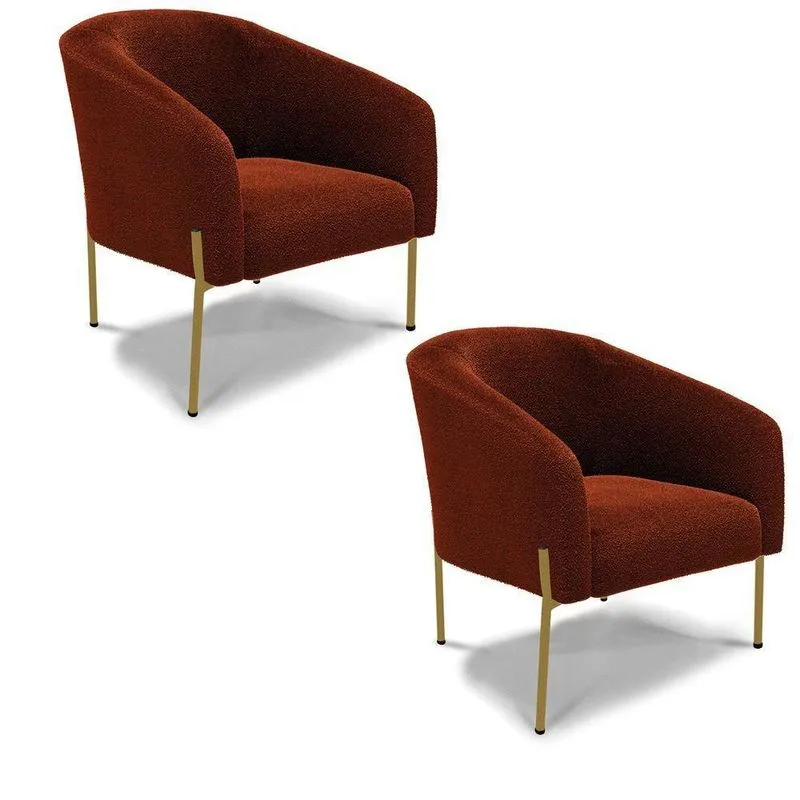 Poltrona Decorativa Pé Ferro Dourado Kit 2 Stella Bouclê Terra D03 - D'rossi