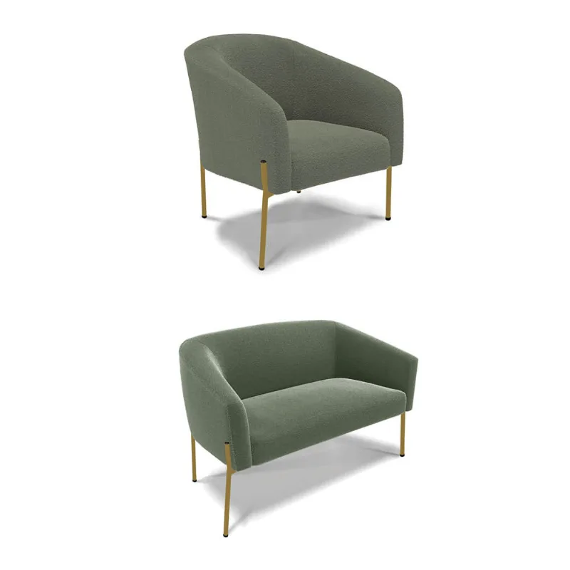 Sofá Namoradeira e Poltrona Pé Ferro Dourado Stella Bouclê Verde Pistache D03 - D'Rossi
