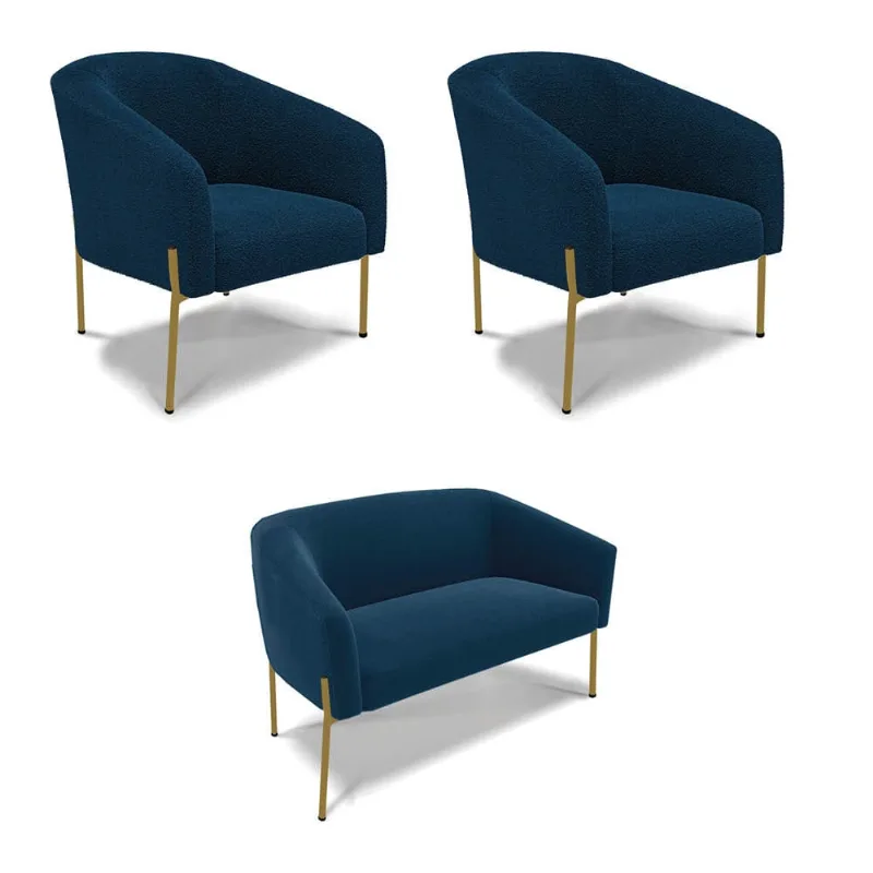 Namoradeira e 2 Poltronas Pé Ferro Dourado Stella Bouclê D03 - D'Rossi Azul