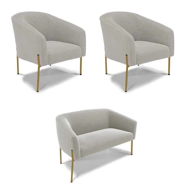 Namoradeira e 2 Poltronas Pé Ferro Dourado Stella Bouclê Cinza D03 - D'Rossi