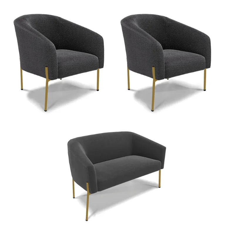 Namoradeira e 2 Poltronas Pé Ferro Dourado Stella Bouclê Grafite D03 - D'Rossi