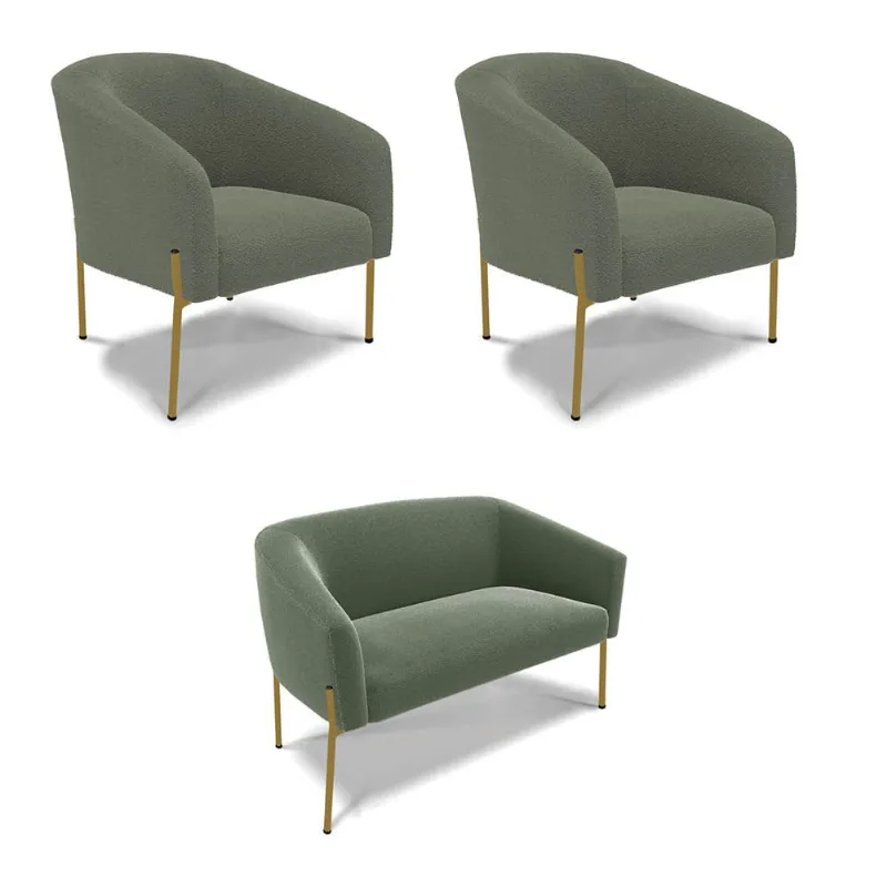 Namoradeira e 2 Poltronas Pé Ferro Dourado Stella Bouclê Verde Pistache D03 - D'Rossi