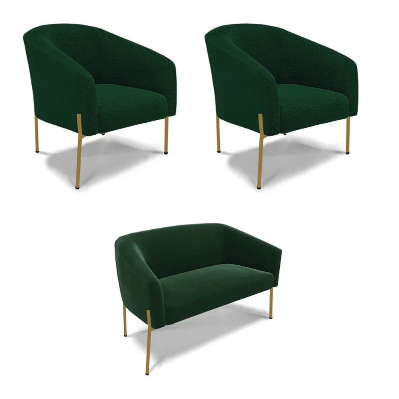 Namoradeira e 2 Poltronas Pé Ferro Dourado Stella Bouclê Verde D03 - D'Rossi