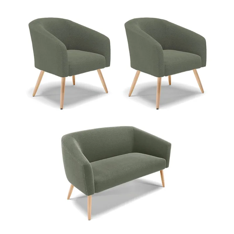 Namoradeira e 2 Poltronas Pé Palito Natural Stella Bouclê Verde Pistache D03 - D'Rossi