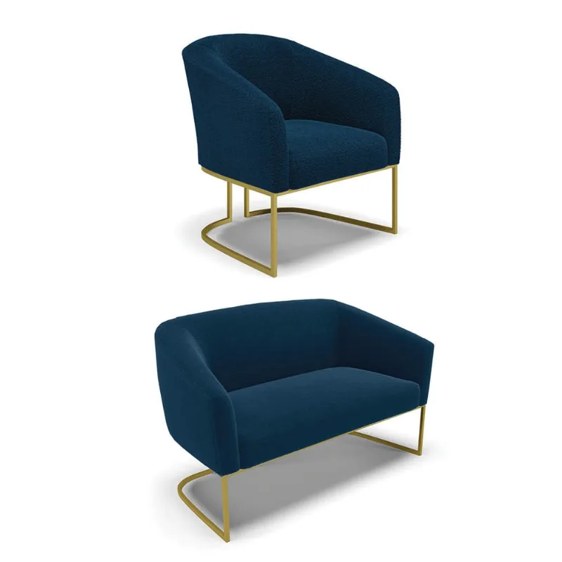 Sofá Namoradeira e Poltrona Industrial Dourado Stella Bouclê D03 - D'Rossi Azul