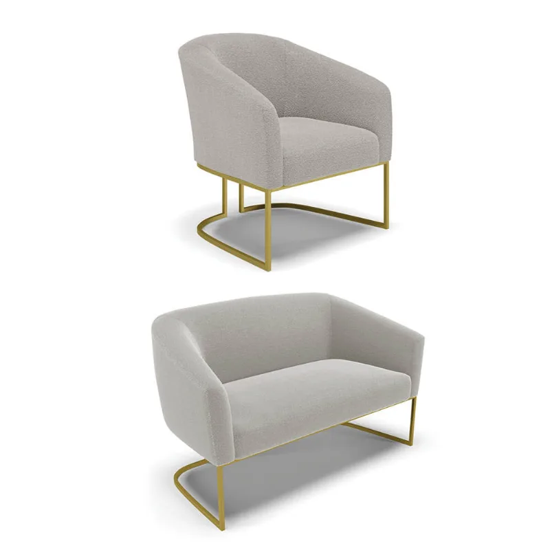 Sofá Namoradeira e Poltrona Industrial Dourado Stella Bouclê Cinza D03 - D'Rossi