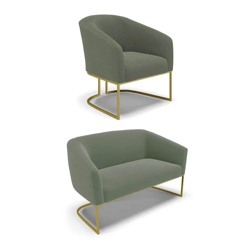 Sofá Namoradeira e Poltrona Industrial Dourado Stella Bouclê Verde Pistache D03 - D'Rossi