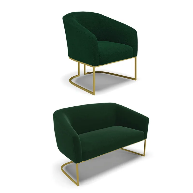 Sofá Namoradeira e Poltrona Industrial Dourado Stella Bouclê Verde D03 - D'Rossi