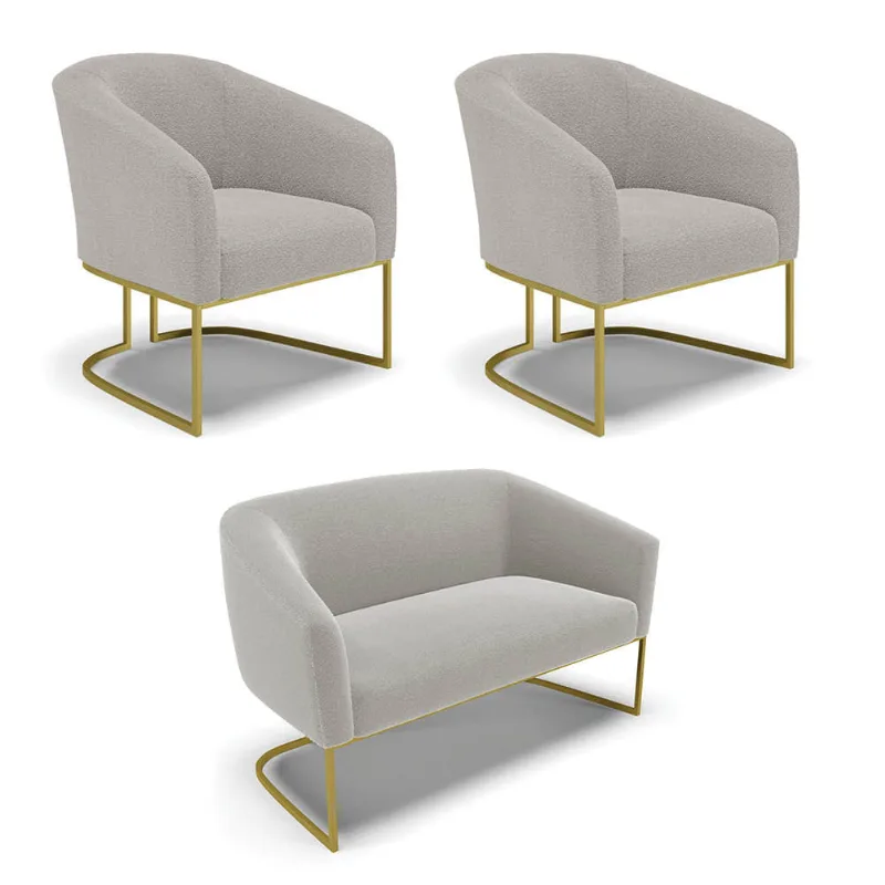 Namoradeira e 2 Poltronas Industrial Dourado Stella Bouclê Cinza D03 - D'Rossi