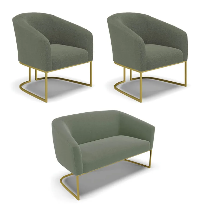 Namoradeira e 2 Poltronas Industrial Dourado Stella Bouclê Verde Pistache D03 - D'Rossi
