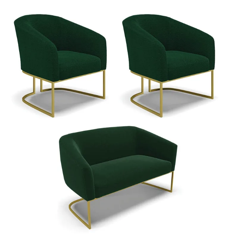 Namoradeira e 2 Poltronas Industrial Dourado Stella Bouclê Verde D03 - D'Rossi