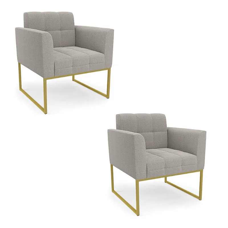 Poltrona Decorativa Industrial Dourado Kit 2 Elisa Bouclê Cinza D03 - D'Rossi