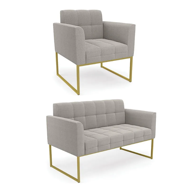 Namoradeira e Poltrona Industrial Dourado Elisa Bouclê Cinza D03 - D'Rossi