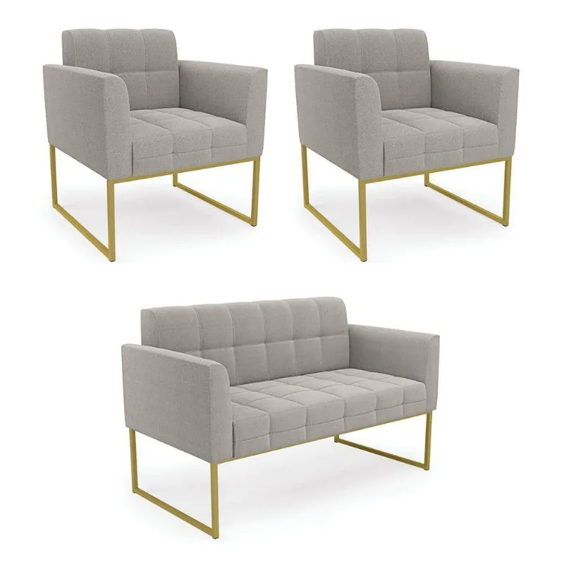 Namoradeira E 2 Poltronas Industrial Dourado Elisa Bouclê Cinza D03 - D'rossi