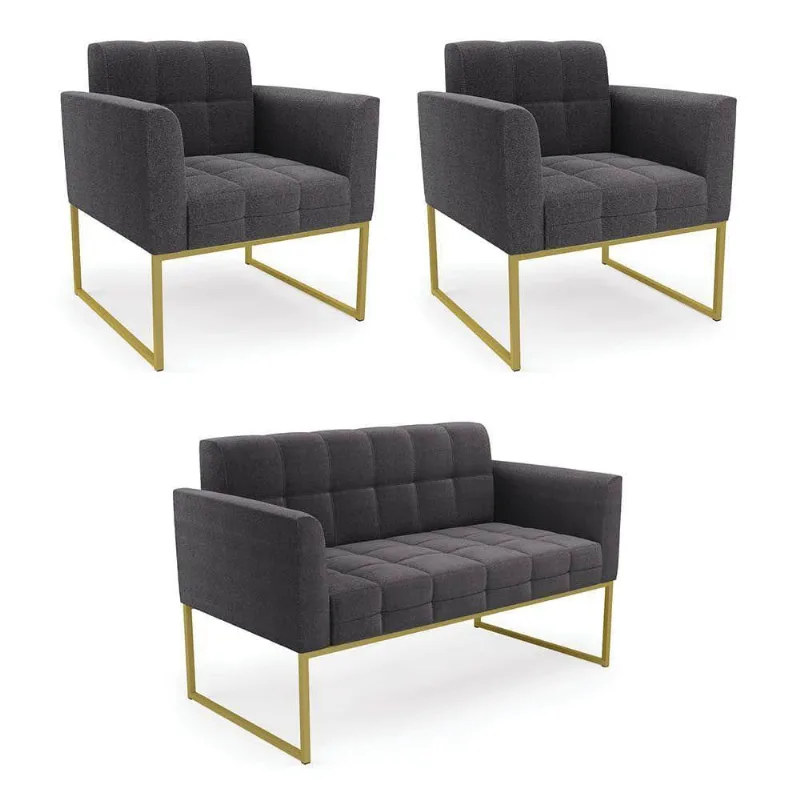 Namoradeira E 2 Poltronas Industrial Dourado Elisa Bouclê Grafite D03 - DRossi