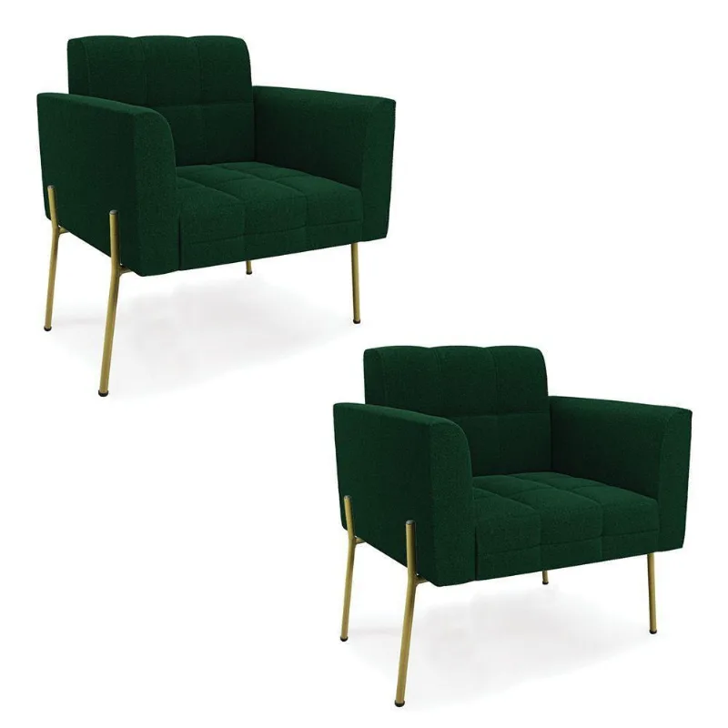 Poltrona Estar Pé Ferro Dourado Kit 2 Elisa Bouclê Verde D03 - D'rossi