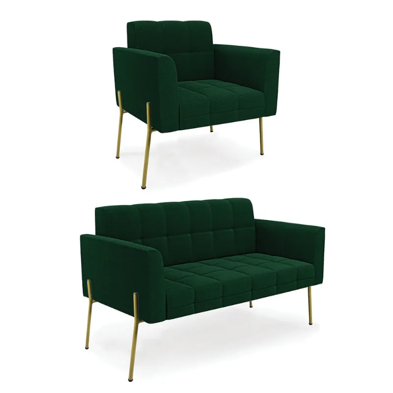 Namoradeira e Poltrona Pé de Ferro Dourado Elisa Bouclê Verde D03 - D'Rossi