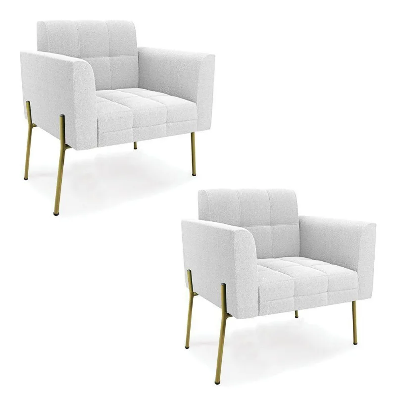 Poltrona Sala Estar Pé Ferro Dourado Kit 2 Elisa Bouclê D03 - D?rossi Cor Off White