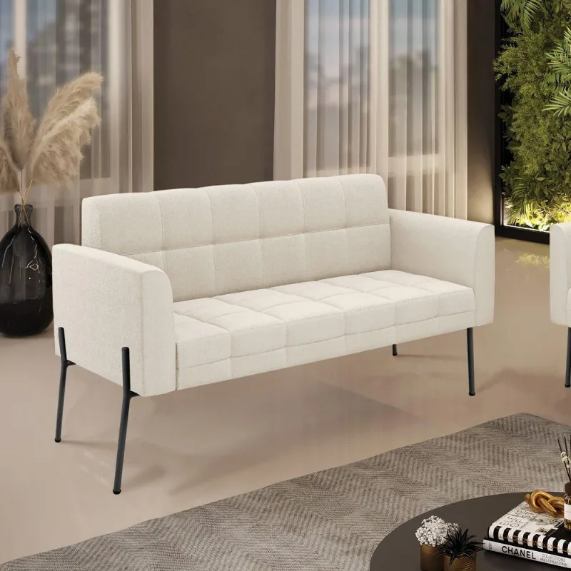 Sofá Namoradeira 2 Lugares Pé Ferro Pto Elisa Bouclê D03 - D'rossi Cor Off White