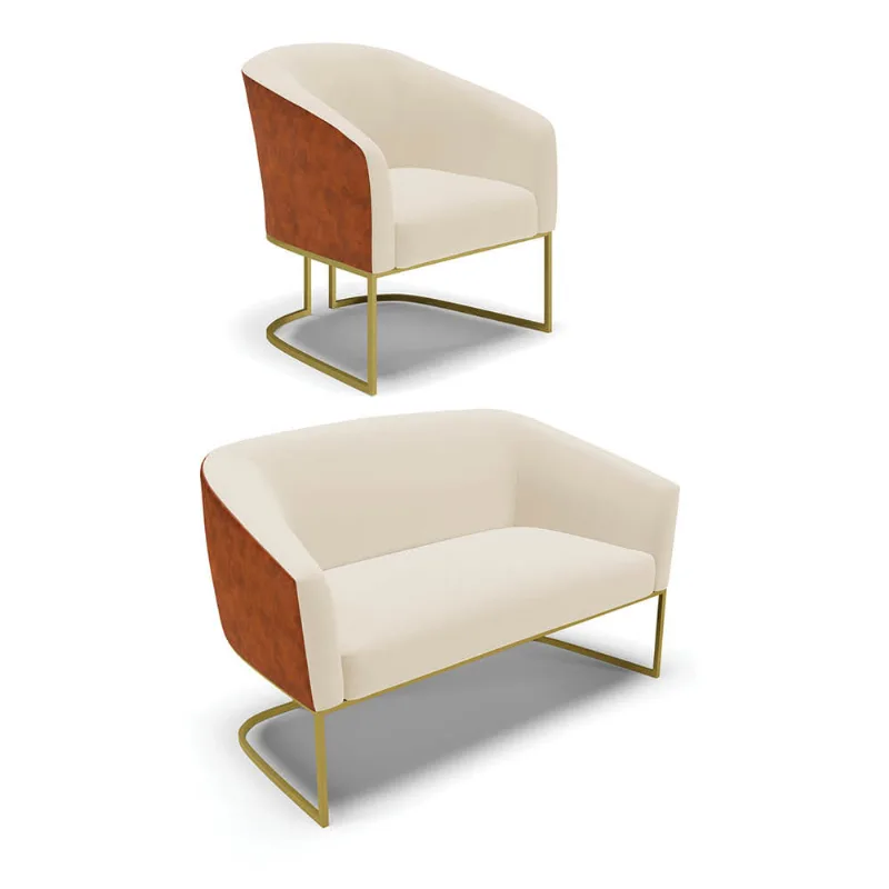 Sofá Namoradeira e Poltrona Industrial Dourado Stella Noz/Linho Bege D03 - D'Rossi