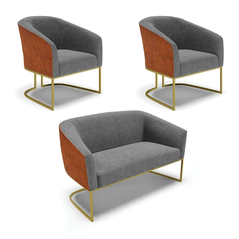 Namoradeira e 2 Poltronas Industrial Dourado Stella Noz/Linho Grafite D03 - D'Rossi