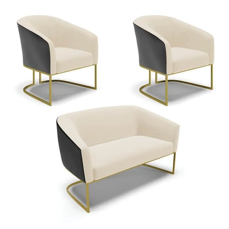 Namoradeira 2 Poltronas Industrial Dourado Stella Pto-linho Bege D03 - D'rossi