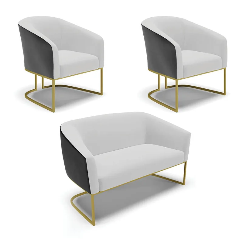 Namoradeira e 2 Poltronas Industrial Dourado Stella Pto/Linho Cinza D03 - D'Rossi