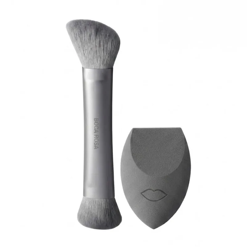 Kit Boca Rosa Acessórios Duo 1 Pincel + Esponja para Maquiagem Cinza Kit - Boca Rosa