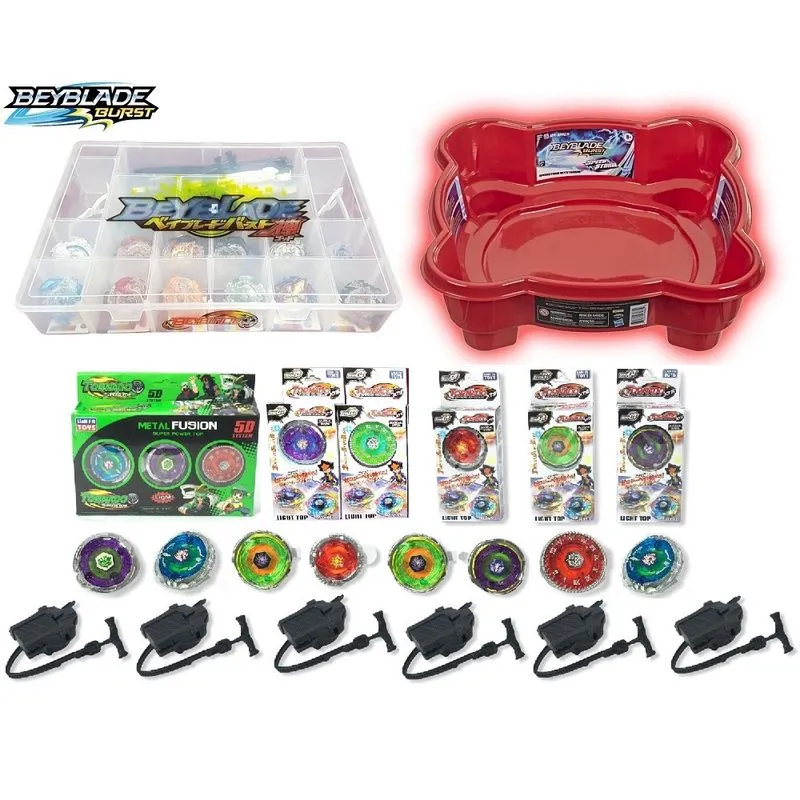 Kit 8 Beyblade c/ Luz Led + 6 Lançador + Maleta Beyblade + Arena Beyblade