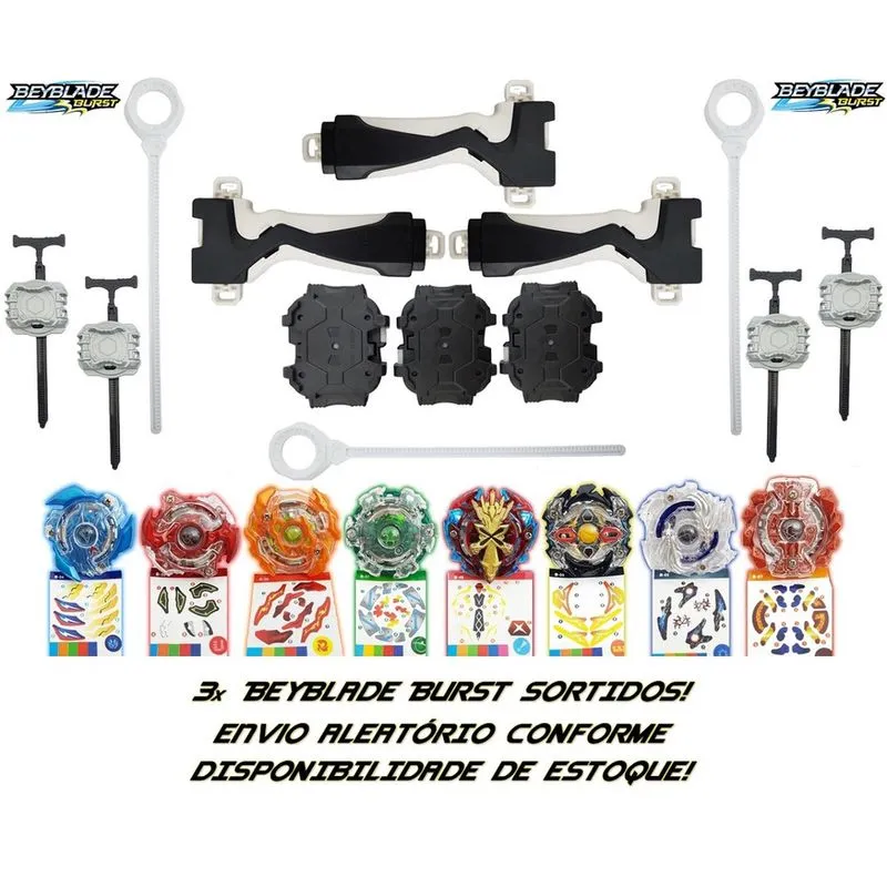 Kit 3 Beyblade Burst Shu Valt Daigo + 7 Lançadores + 3 Suporte Grip