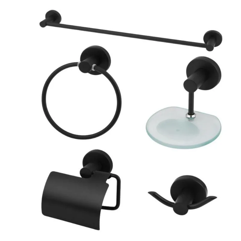 Kit Acessórios Para Banheiro Metal Elegance Preto Fosco