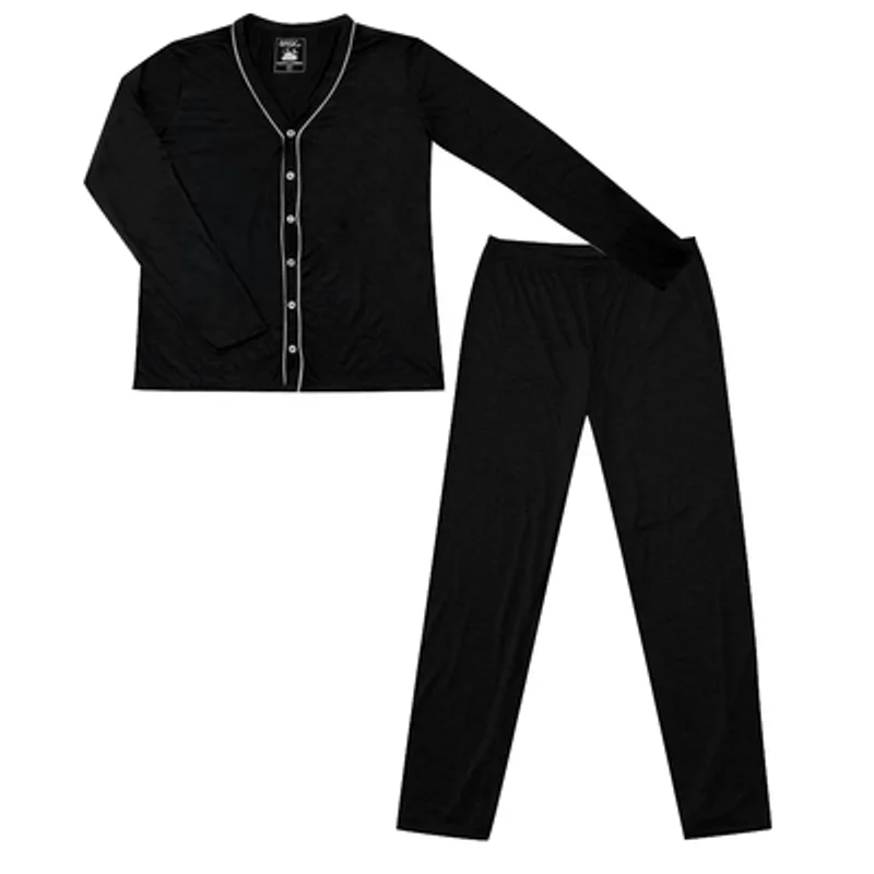 Pijama Manga Longa Masculino Basic+ com Botões Poliéster e Viscose Preto