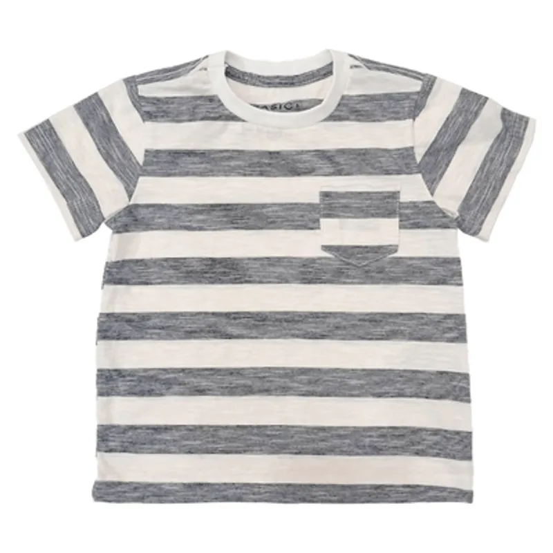 Camiseta Manga Curta Masculina com Bolso Algodão e Poliéster Listrada T373 Branco com Cinza
