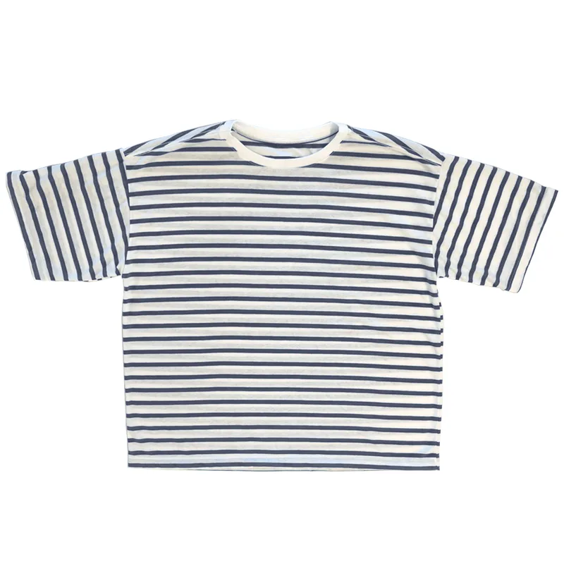 Blusa Listrada Masculina Ampla Basic+ Malha Algodão e Poliéster Azul Marinho e Branco