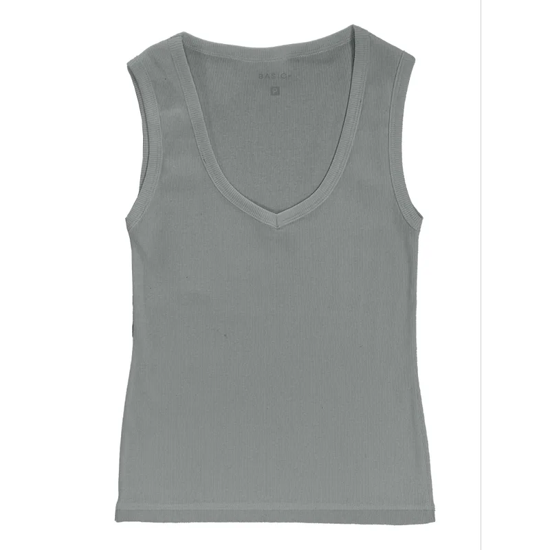 Blusa Canelada Gola V Feminina Basic+ Algodão Cinza