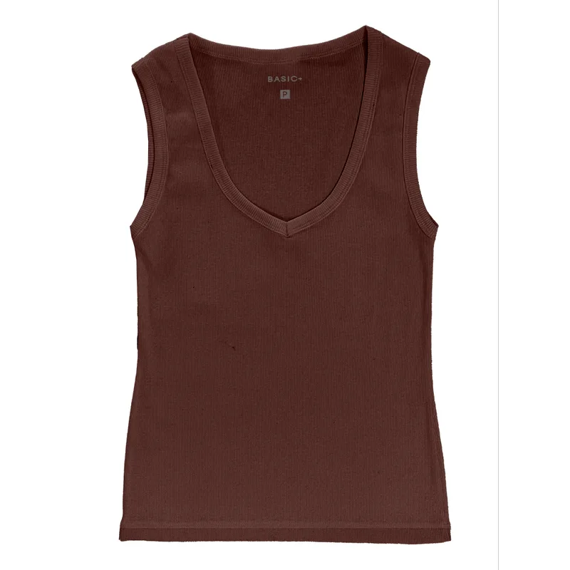 Blusa Canelada Justa Basic+ Algodão Gola V Marrom