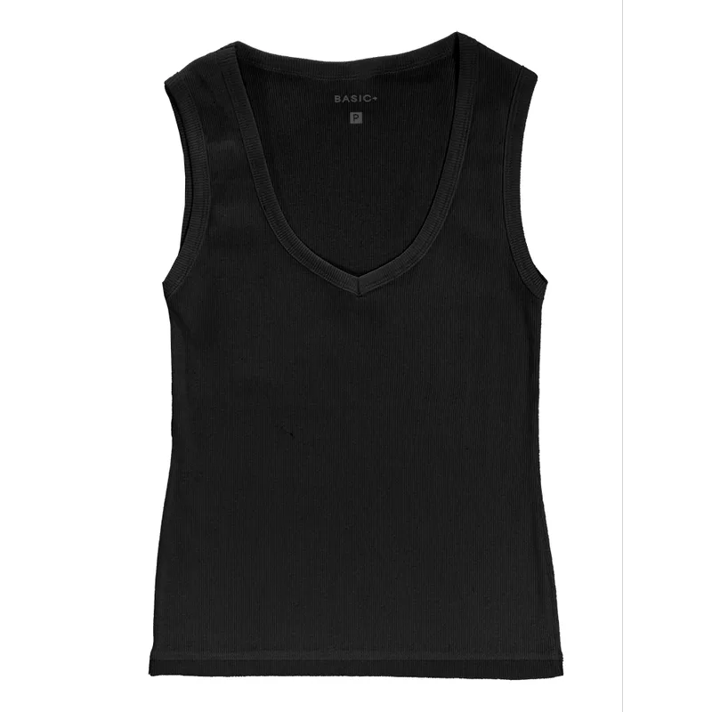 Blusa Canelada Gola V Basic+ Algodão Preta