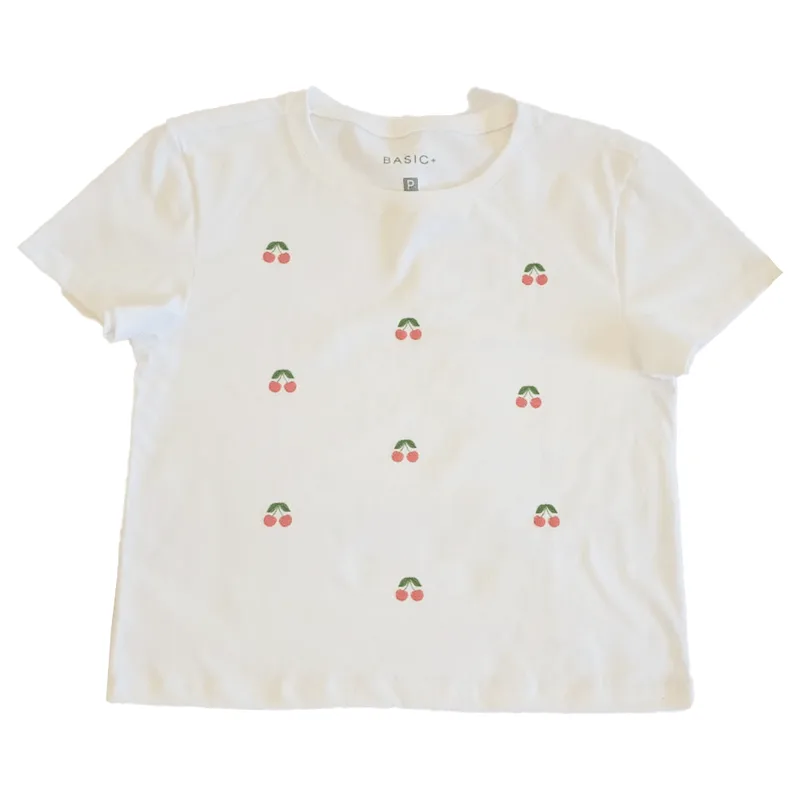 Blusa Manga Curta Feminina Basic+ Algodão Branco com Vermelho