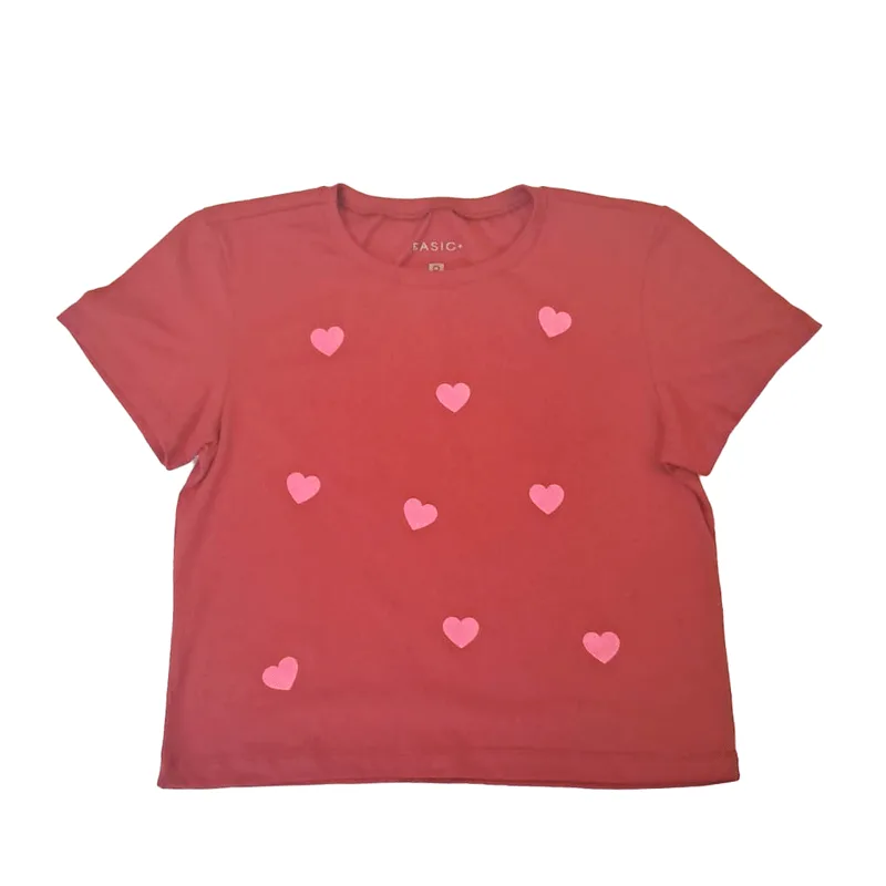 Blusa Manga Curta Feminina Basic+ Silk Algodão Vermelha com Coração