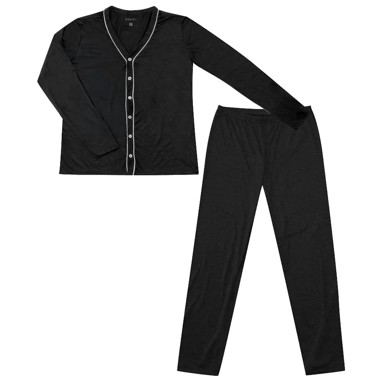 Conjunto Pijama Masculino Manga Longa Basic+ K268 Poliéster e Viscose Preto