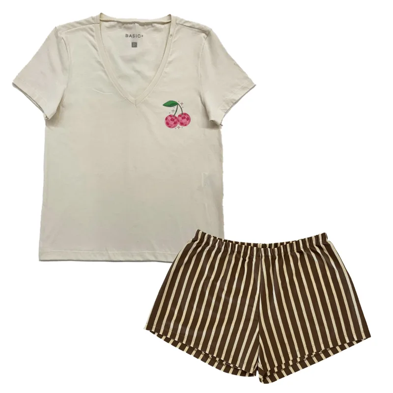 Conjunto Pijama Masculino Manga Curta Gola V Basic+ Algodão Bege e Marrom G