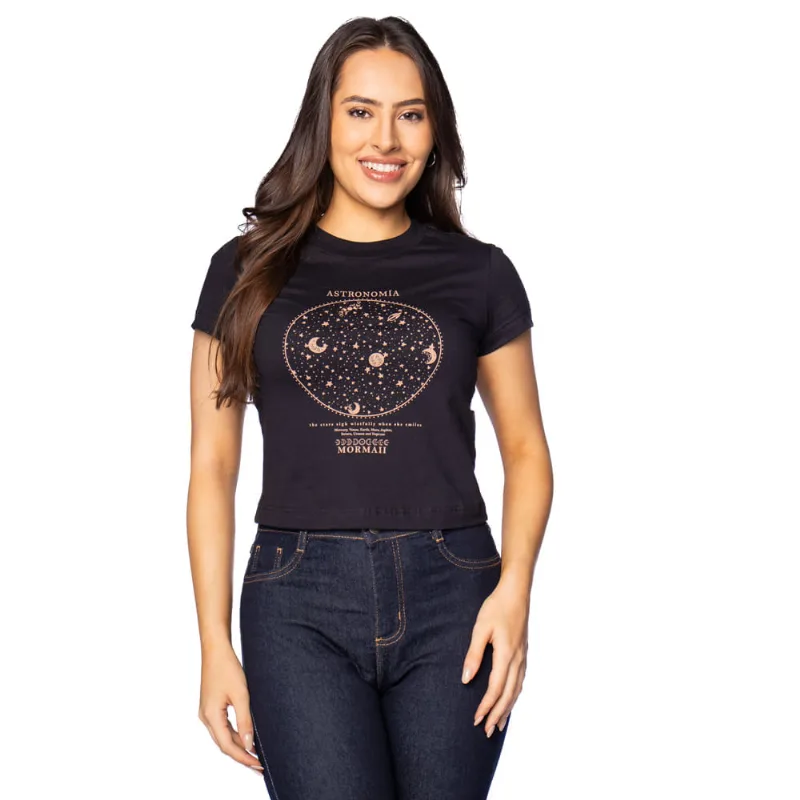Camiseta Cropped Feminina Mormaii Estampa Astros Preto - G