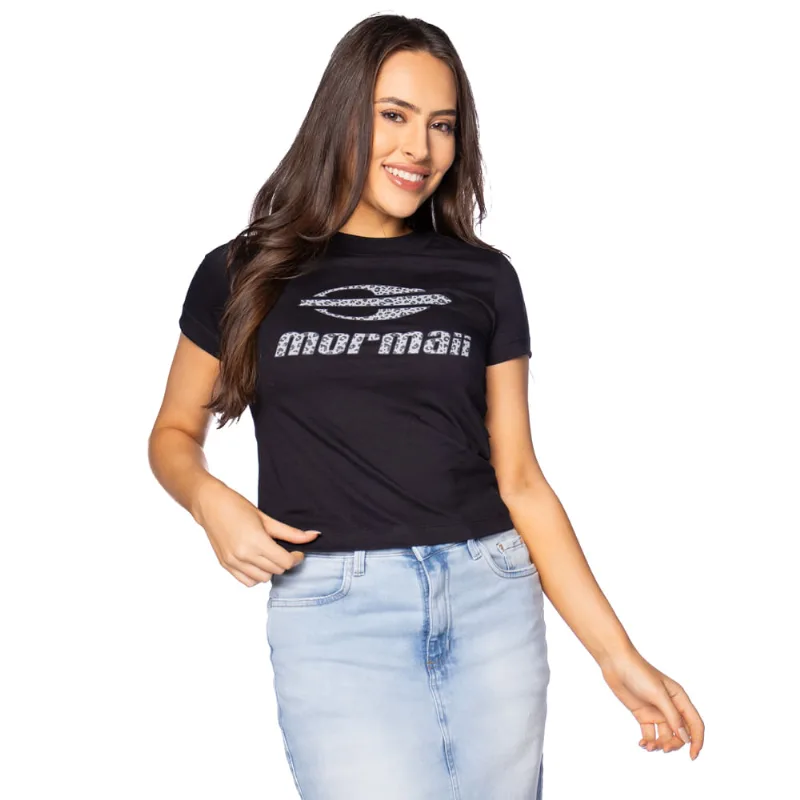 Camiseta Cropped Feminina Mormaii Logo Animal Print Preto - GG
