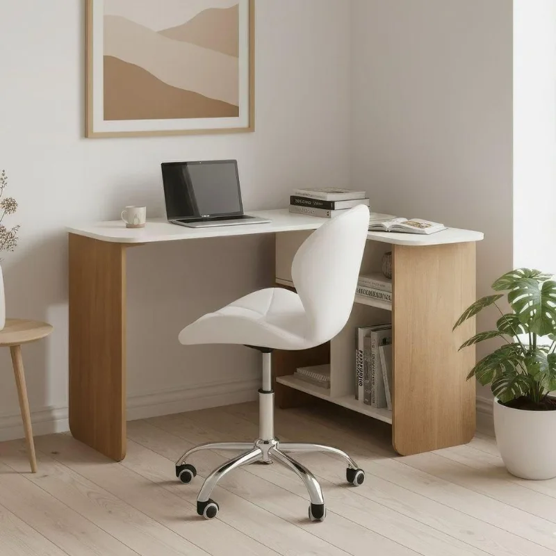 Conjunto Mesa Nomad Com Cadeira Escritório Vegas Base Giratória Estofada Branco